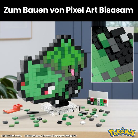 MEGA Pokémon Bisasam im Retro-Look - mit Pixel Art Steinen zusammenbaubare 15 cm großes Spielzeug, inklusive Basis zur Wandmontage, für Erwachsene Liebhaber und Sammler, HTH75