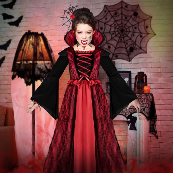 Vampir Kostüm Mädchen - Karneval Kostüm Kinder Vampir Kleid Kostüme Dress Up, Halloween Costume Mädchen Cosplay Gothic Kostüme mit Halskette und Vampire Zähne für Fasching Karneval Dracula Party