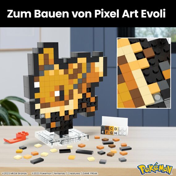 MEGA Pokémon Actionfigur-Bauset, Evoli mit 323 Teilen im Retro-Pixelstil, ideal als Tisch- oder Wanddeko, Spielzeug für Sammler zum Zusammenbauen und Präsentieren, HTH78