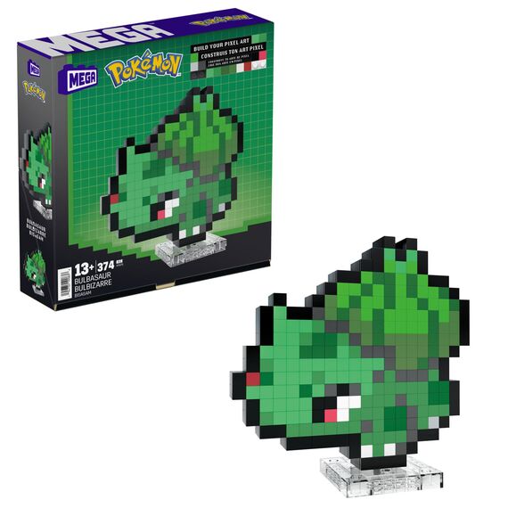 MEGA Pokémon Bisasam im Retro-Look - mit Pixel Art Steinen zusammenbaubare 15 cm großes Spielzeug, inklusive Basis zur Wandmontage, für Erwachsene Liebhaber und Sammler, HTH75