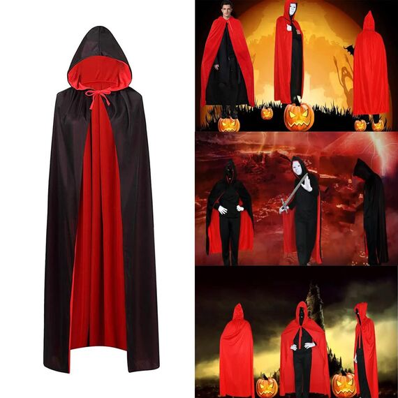 OUQIWEN Vampir Umhang Erwachsene, Halloween Kapuzenumhang, Schwarz Rot Doppelseitig, Cosplay Für Halloween Kostüm (150cm)