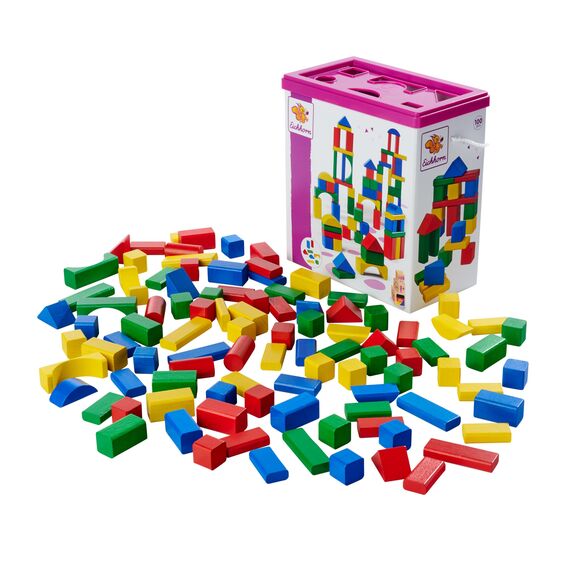 Eichhorn 100010171 100 bunte Holzbausteine in der Aufbewahrungsbox mit Kordel und Sortierdeckel, für Kinder ab 1 Jahr