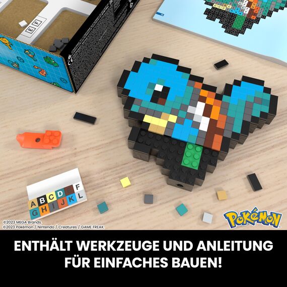 MEGA Pokémon Schiggy - zusammenbaubare Figur im Retro-Look, Pixel Art, 15 cm groß, inklusive Basis zur Wandmontage, für Erwachsene und erfahrene Sammler, HTH77