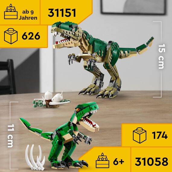 LEGO Creator Dinosaurier, 3in1 Spielzeug-Modell zum Bauen von T-Rex, Triceratops und Pterodactylus-Figuren, Bausteine-Set für Kinder ab 7 Jahren, Geschenk für Jungen und Mädchen 31058