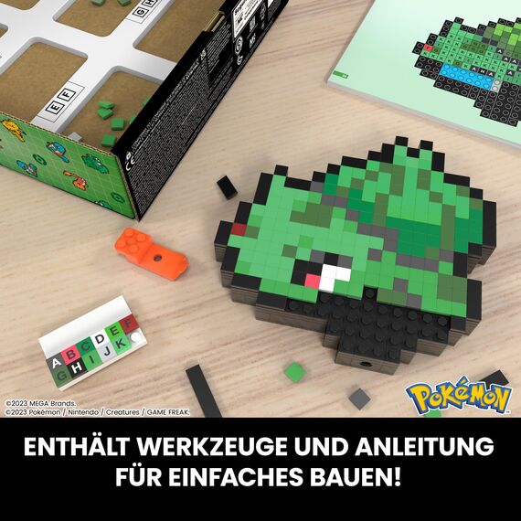MEGA Pokémon Bisasam im Retro-Look - mit Pixel Art Steinen zusammenbaubare 15 cm großes Spielzeug, inklusive Basis zur Wandmontage, für Erwachsene Liebhaber und Sammler, HTH75