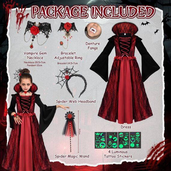 Vampir Kostüm Mädchen - Karneval Kostüm Kinder Vampir Kleid Kostüme Dress Up, Halloween Costume Mädchen Cosplay Gothic Kostüme mit Halskette und Vampire Zähne für Fasching Karneval Dracula Party