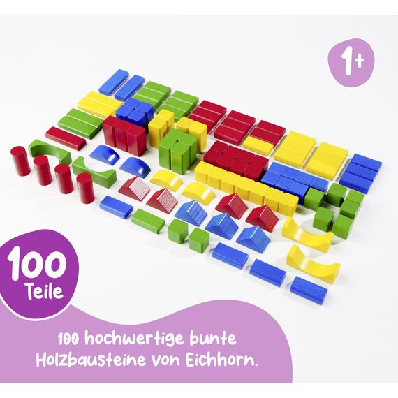 Eichhorn 100010171 100 bunte Holzbausteine in der Aufbewahrungsbox mit Kordel und Sortierdeckel, für Kinder ab 1 Jahr