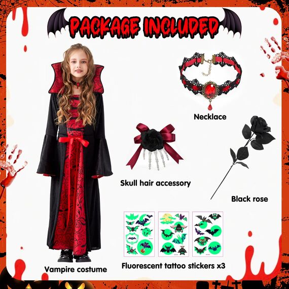 Lubolee Faschingskostüme Kinder Mädchen, Gruseliges Karneval Vampir Kostüm Kinder Mädchen, Vampir Kostüm Kinder Set Mit Kopfschmuck, Halsketten, Schwarze Rosen und Leuchtende Tattoo-Aufkleber
