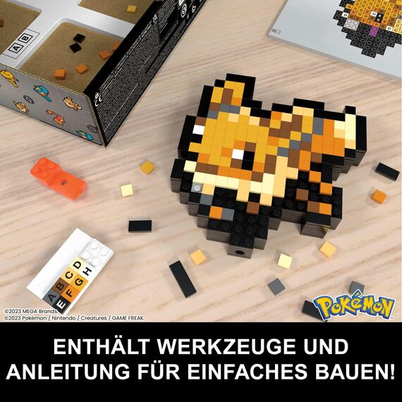MEGA Pokémon Actionfigur-Bauset, Evoli mit 323 Teilen im Retro-Pixelstil, ideal als Tisch- oder Wanddeko, Spielzeug für Sammler zum Zusammenbauen und Präsentieren, HTH78