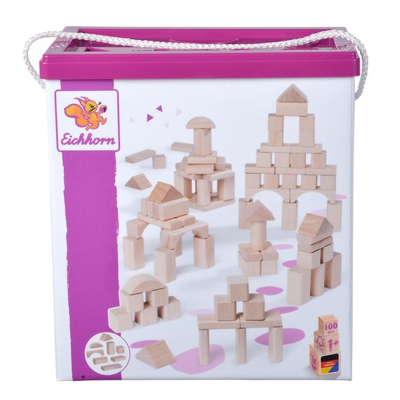 Eichhorn 100010141 100 naturfarbene Holzbausteine in der Aufbewahrungsbox mit Kordel und Sortierdeckel, für Kinder ab 1 Jahr