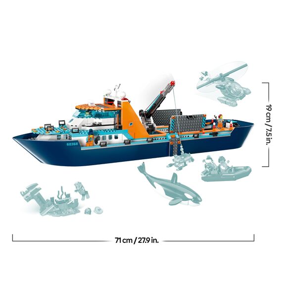 LEGO 60368 City Arktis-Forschungsschiff, großes schwimmfähiges Spielzeug-Boot mit Hubschrauber, Beiboot, ROV-U-Boot, Wikingerschiffswrack, 7 Minifiguren & Orca-Figur, Geschenk für Kinder ab 7 Jahren