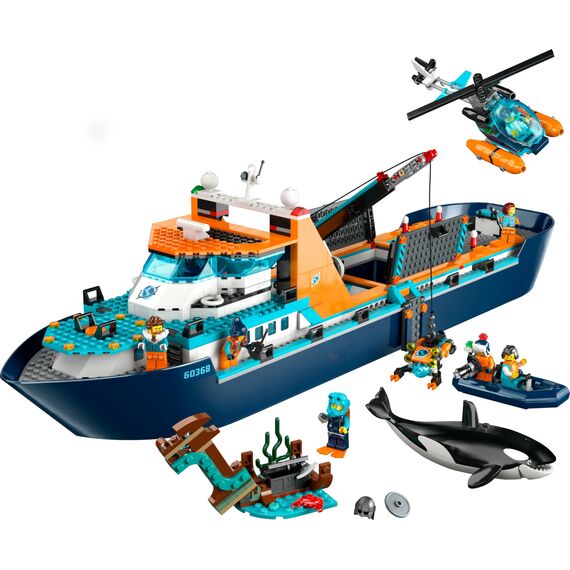 LEGO 60368 City Arktis-Forschungsschiff, großes schwimmfähiges Spielzeug-Boot mit Hubschrauber, Beiboot, ROV-U-Boot, Wikingerschiffswrack, 7 Minifiguren & Orca-Figur, Geschenk für Kinder ab 7 Jahren