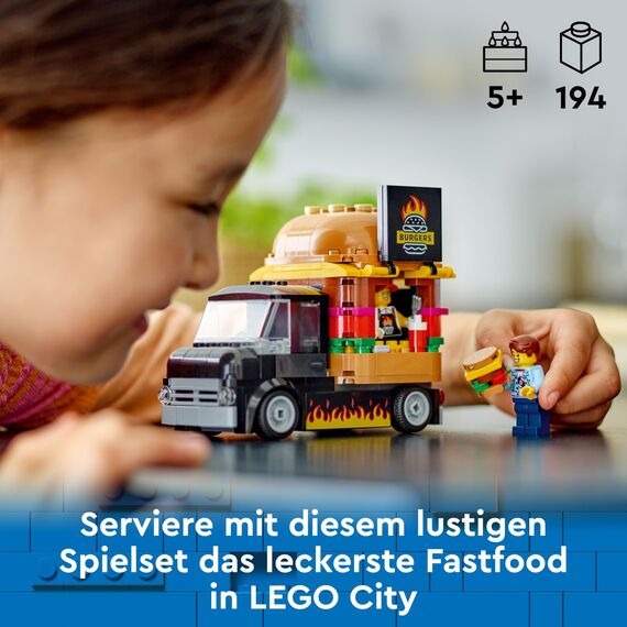 LEGO City Burger Van, Food Truck Toy for 5 Plus Year Old Boys & Girls, Vehicle Building Toys, Kitchen Playset with Vendor Minifigure and Accessories, Imaginative Play Gifts for Kids 60404