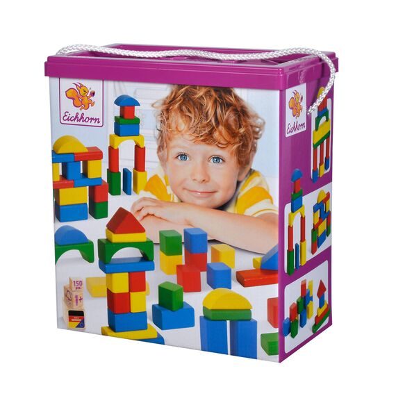 Eichhorn 100010181 150 Bunte Holzbausteine in der Aufbewahrungsbox mit Kordel und Sortierdeckel, Motorikspielzeug für Kinder ab 1 Jahr geeignet [Exklusiv bei Amazon]