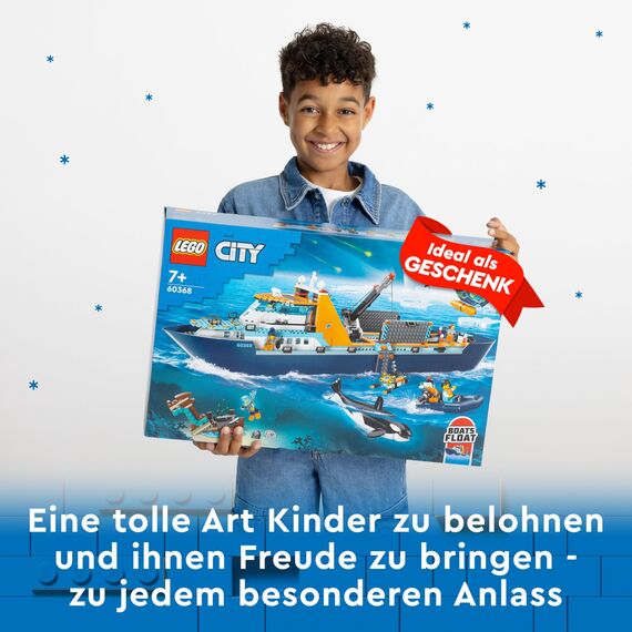 LEGO 60368 City Arktis-Forschungsschiff, großes schwimmfähiges Spielzeug-Boot mit Hubschrauber, Beiboot, ROV-U-Boot, Wikingerschiffswrack, 7 Minifiguren & Orca-Figur, Geschenk für Kinder ab 7 Jahren