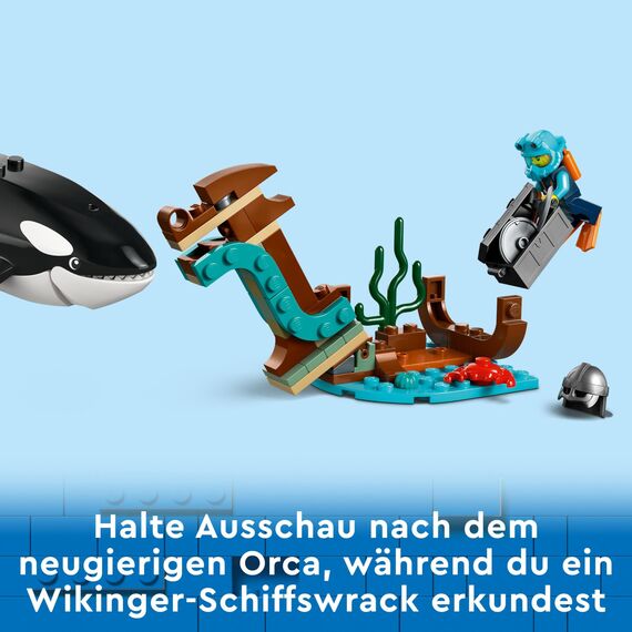 LEGO 60368 City Arktis-Forschungsschiff, großes schwimmfähiges Spielzeug-Boot mit Hubschrauber, Beiboot, ROV-U-Boot, Wikingerschiffswrack, 7 Minifiguren & Orca-Figur, Geschenk für Kinder ab 7 Jahren