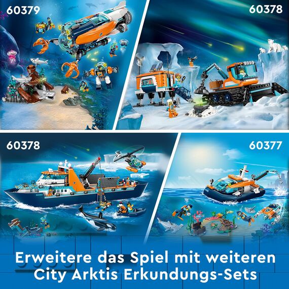 LEGO 60368 City Arktis-Forschungsschiff, großes schwimmfähiges Spielzeug-Boot mit Hubschrauber, Beiboot, ROV-U-Boot, Wikingerschiffswrack, 7 Minifiguren & Orca-Figur, Geschenk für Kinder ab 7 Jahren