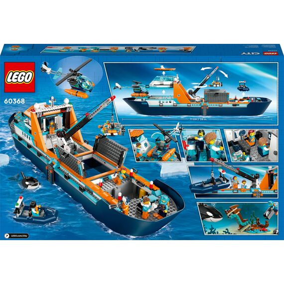 LEGO 60368 City Arktis-Forschungsschiff, großes schwimmfähiges Spielzeug-Boot mit Hubschrauber, Beiboot, ROV-U-Boot, Wikingerschiffswrack, 7 Minifiguren & Orca-Figur, Geschenk für Kinder ab 7 Jahren