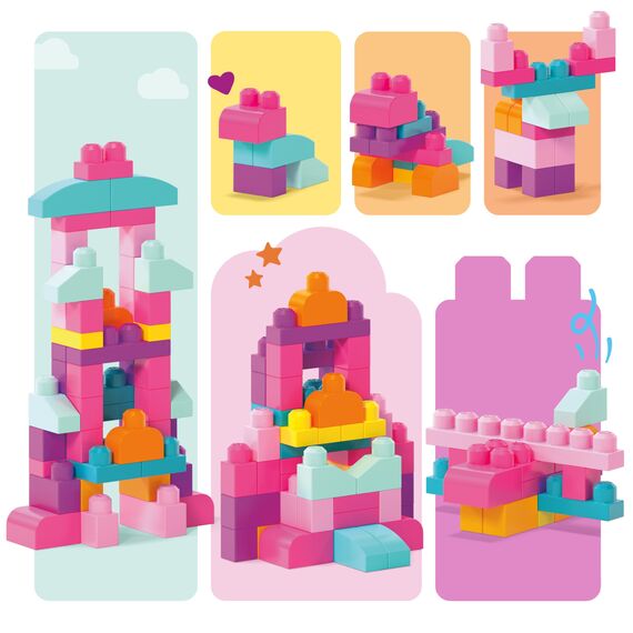 MEGA BLOKS Großer Bausteinebeutel - 60 robuste Bausteine mit wiederverwendbarem Aufbewahrungsbeutel, fördert Kreativität und Feinmotorik, für Kinder ab 1 Jahr, DCH54, Pink, Die Verpackung kann variieren.