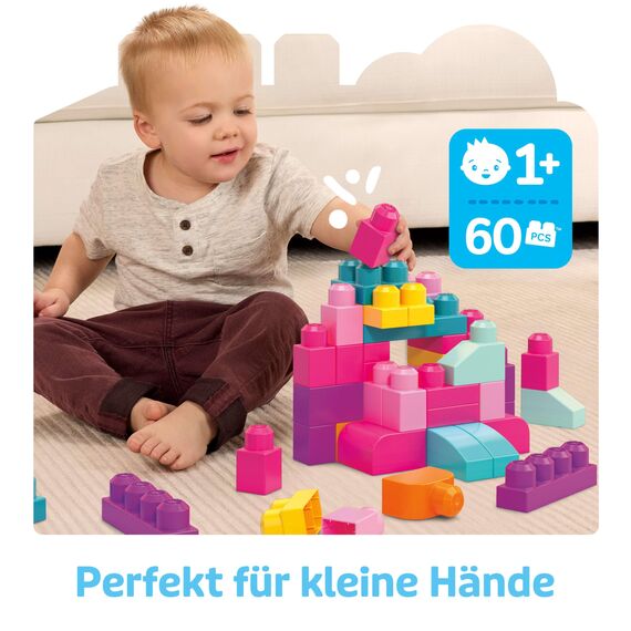 MEGA BLOKS Großer Bausteinebeutel - 60 robuste Bausteine mit wiederverwendbarem Aufbewahrungsbeutel, fördert Kreativität und Feinmotorik, für Kinder ab 1 Jahr, DCH54, Pink, Die Verpackung kann variieren.