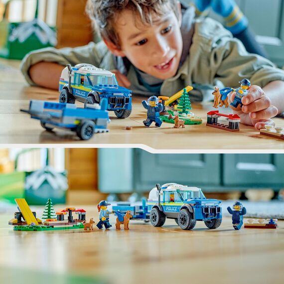 LEGO 60369 City Mobiles Polizeihunde-Training, Polizeiauto-Spielzeug mit Anhänger, Hunde- und Welpenfiguren, Tier-Set für Kinder ab 5 Jahren