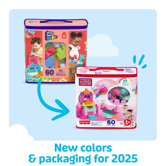 MEGA BLOKS Großer Bausteinebeutel - 60 robuste Bausteine mit wiederverwendbarem Aufbewahrungsbeutel, fördert Kreativität und Feinmotorik, für Kinder ab 1 Jahr, DCH54, Pink, Die Verpackung kann variieren.