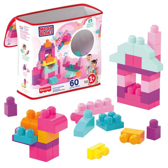 MEGA BLOKS Großer Bausteinebeutel - 60 robuste Bausteine mit wiederverwendbarem Aufbewahrungsbeutel, fördert Kreativität und Feinmotorik, für Kinder ab 1 Jahr, DCH54, Pink, Die Verpackung kann variieren.