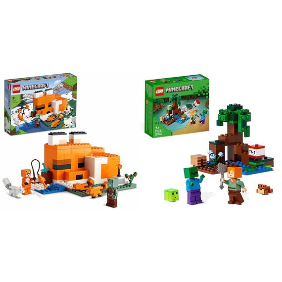 LEGO 21178 Minecraft Die Fuchs-Lodge, Spielzeug für Jungen und Mädchen ab 8 Jahren & 21240 Minecraft Das Sumpfabenteuer Set, Spielzeug mit Figuren mit Alex- und Zombie-Figuren im Biom, ab 8 Jahren