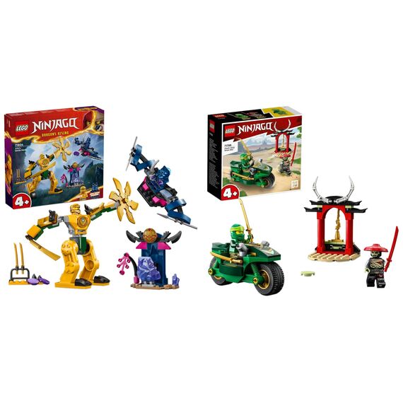 LEGO NINJAGO Arins Battle Mech, Ninja-Spielzeug & NINJAGO Lloyds Ninja-Motorrad, Spielzeug für Anfänger mit 2 Minifiguren: Lloyd und Skelett-Wächter, Lernspielzeug für Kinder ab 4 Jahren 71788
