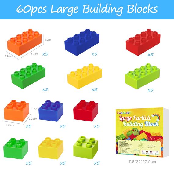 Große Bausteine, 60 Teile Steine in 6 Farben und 2 Maße, kompatibel mit Duplo und Allen führenden Marke, ideales Spielzeug für Kinder ab 3 Jahre