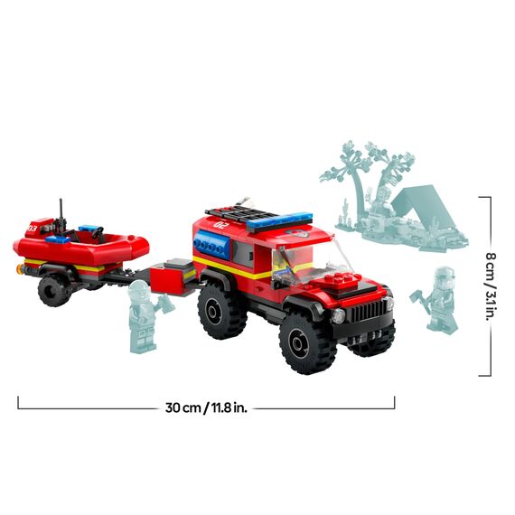 LEGO 60412 City Feuerwehrgeländewagen mit Rettungsboot, Offroad-Auto-Spielzeug für Kinder ab 5 Jahren, Rettungswagen mit Schlauchboot, Anhänger, Zelt und 3 Minifiguren, Geschenk für Jungs und Mädchen