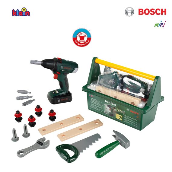 Theo Klein 8520 Bosch Werkzeug-Box | Mit Werkzeug und Zubehör| Inkl. batteriebetriebenem Akkuschrauber mit Licht und Sound | Spielzeug für Kinder ab 3 Jahren