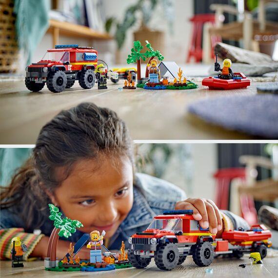 LEGO 60412 City Feuerwehrgeländewagen mit Rettungsboot, Offroad-Auto-Spielzeug für Kinder ab 5 Jahren, Rettungswagen mit Schlauchboot, Anhänger, Zelt und 3 Minifiguren, Geschenk für Jungs und Mädchen