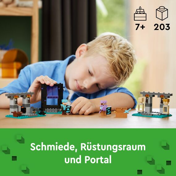 LEGO Minecraft Die Waffenkammer - Spielzeug mit Netherportal, inkl. Alex & Waffenschmied Figuren -Zubehör wie Goldaxt, Schwerter & Schild - Gamer Geschenk für Jungen & Mädchen ab 7 Jahren - 21252