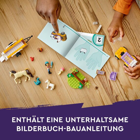 LEGO Friends Pferde- und Pony-Anhänger - Pferdespielzeug für Mädchen und Jungen - Kinder Geschenk für Vorschulkinder ab 4 Jahren - Lernspielzeug mit Spielfiguren Liann & Zoya sowie 2 Tiere 42634