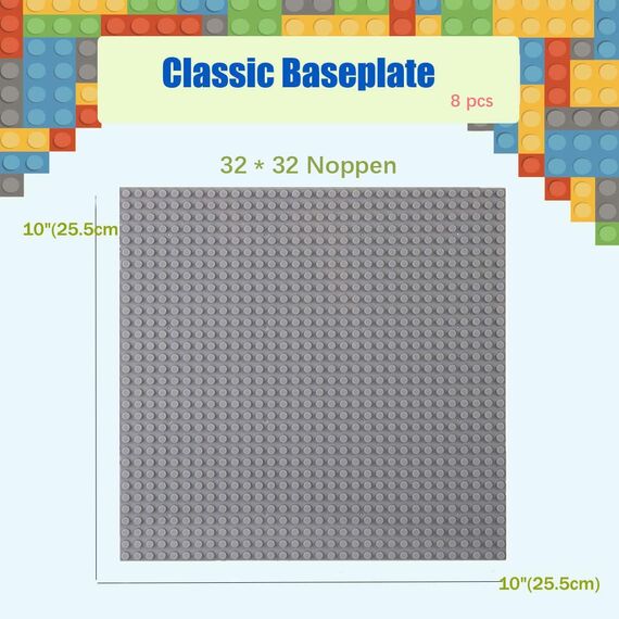 8 Platten-Set Bauplatte Kompatibel mit Meisten Marken,Classic Bausteine Grundplatte,Kompatibel mit Bauplatte Lego Classic,25.5 * 25.5cm, Graue Grundplatte