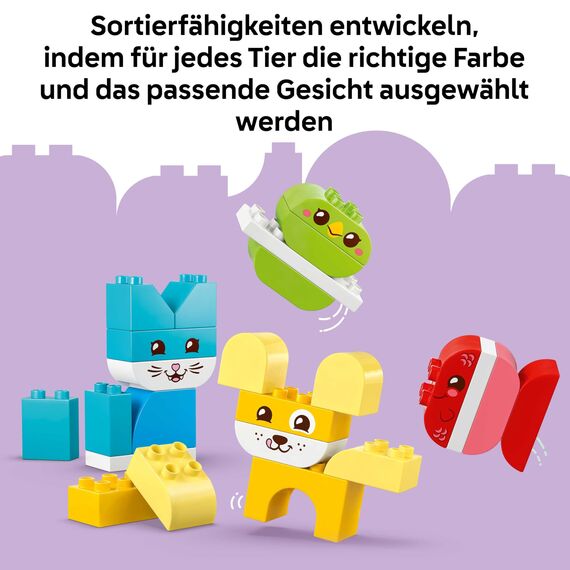 LEGO DUPLO 3-in-1 Kreative Tiere - Kleinkinder Lernspielzeug zur Förderung der Feinmotorik - Tierfiguren inkl. Hund, Katze, Vogel und Fisch - Geschenk für Babys, Mädchen und Jungen ab 1 Jahr - 10477