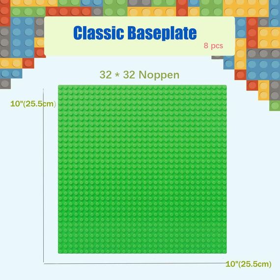 8 Platten-Set Bauplatte Kompatibel mit Meisten Marken,Classic Bausteine Grundplatte,Kompatibel mit Bauplatte Lego Classic,25.5 * 25.5cm, Grüne Blaue Graue Sand Grundplatte