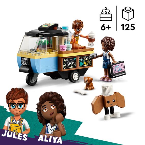 LEGO Friends Rollendes Café, Kleines Bäckerei-Spielzeug für Kinder, Geschenk für Mädchen und Jungen ab 6 Jahren, Lernspielzeug mit den Figuren Aliya, Jules und dem Hund Aira 42606