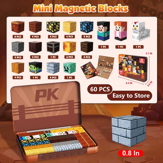 ToyUnited 60 Stück Magnetische Bausteine Reise-Eisenbox - Zirkus Hühner Arena mit Kind & Huhn, Lustiges Magnetbausteine Set für Rollenspiele | Magnetic Building Blocks