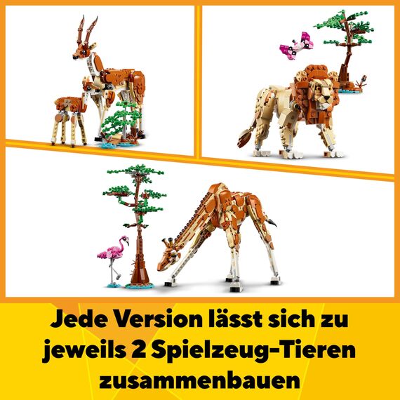 LEGO Creator 3in1 Wild Safari Animals, Giraffe Toy to Gazelle Figures to Lion Model, Set for Kids, Girls & Boys Aged 9 Plus, Includes Flamingo and Butterfly, Nature Gifts for Imaginative Play 31150