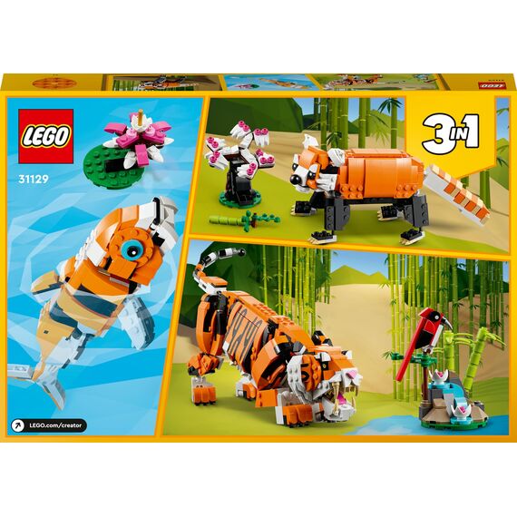 LEGO 31129 Creator Majestätischer Tiger, Panda oder Fisch, 3-in-1 Tierfiguren-Set, Spielzeug für Kinder, Jungen und Mädchen, Konstruktionsspielzeug mit Tieren