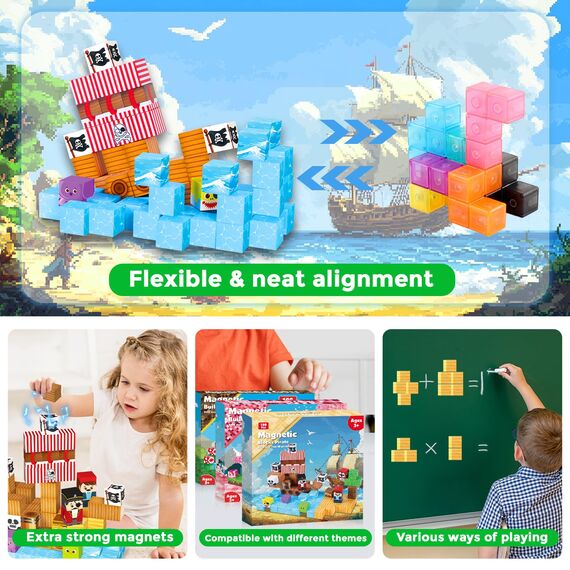 ToyUnited Magnetische Bausteine Magnetbausteine 100 Teile - Piratenschiff mit Schätzen | Abenteuer auf hoher See | Magnetic Building Blocks als Kreatives Kinderspielzeug Geschenk ab 4 Jahren