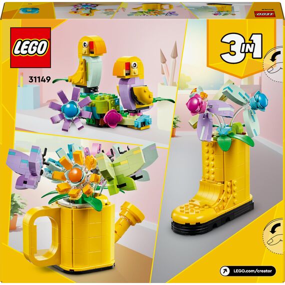 LEGO Creator 3in1 Flowers in Watering Can Toy to Welly Boot to 2 Birds on a Perch, Animals Set for Girls, Boys & Kids, with 3 Butterfly Toys, Makes a Great Desk Accessory, Nature Gift 31149