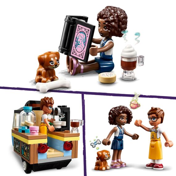 LEGO Friends Rollendes Café, Kleines Bäckerei-Spielzeug für Kinder, Geschenk für Mädchen und Jungen ab 6 Jahren, Lernspielzeug mit den Figuren Aliya, Jules und dem Hund Aira 42606