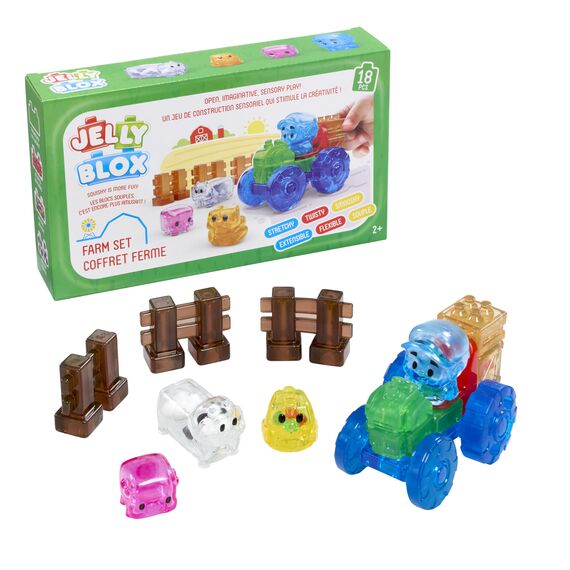 Jelly Blox - Farm Set, Sensorisches Spielzeug für Kinder ab 2 Jahren, Bauset mit 18 weichen, Sensorischen Bauernhoftieren und -Figuren, Bauernhof-Set mit Weichen und Flexiblen Bausteine, Geschenkidee