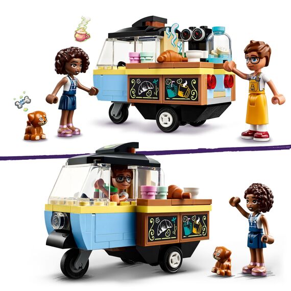LEGO Friends Rollendes Café, Kleines Bäckerei-Spielzeug für Kinder, Geschenk für Mädchen und Jungen ab 6 Jahren, Lernspielzeug mit den Figuren Aliya, Jules und dem Hund Aira 42606