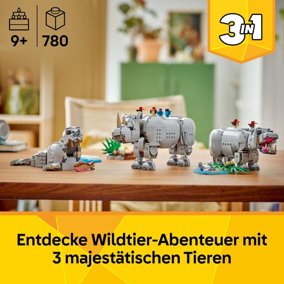 LEGO Creator 3in1 Wild Animals: Majestic Rhino with Birds Toy - Animal Figure Transforms into a Hippo Model or a Walrus - Creative Gift for 9+ Year Old Girls & Boys - 31171
