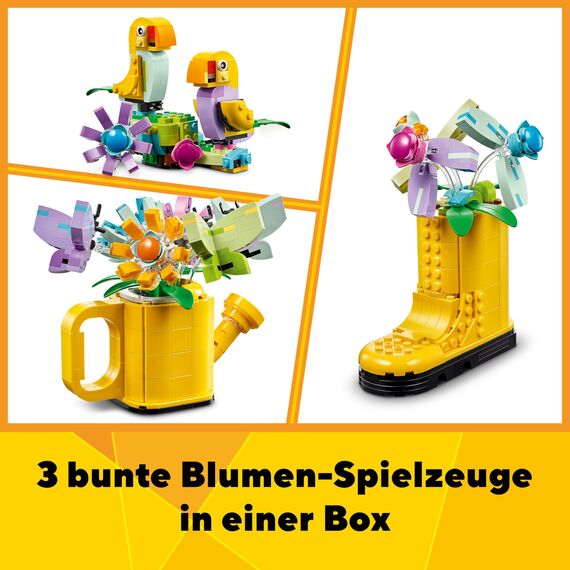 LEGO Creator 3in1 Flowers in Watering Can Toy to Welly Boot to 2 Birds on a Perch, Animals Set for Girls, Boys & Kids, with 3 Butterfly Toys, Makes a Great Desk Accessory, Nature Gift 31149