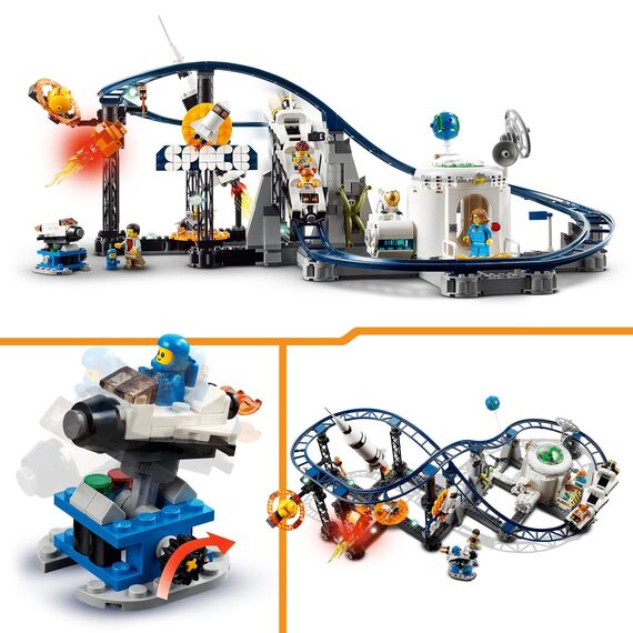 LEGO 31142 Creator 3-in-1 Weltraum-Achterbahn, Bausatz Einer Spielzeug-Kirmes mit funktionierenden Wägen, umbaubar in frei fallenden Fallturm oder Karussell mit Raketen und leuchtenden Steinen
